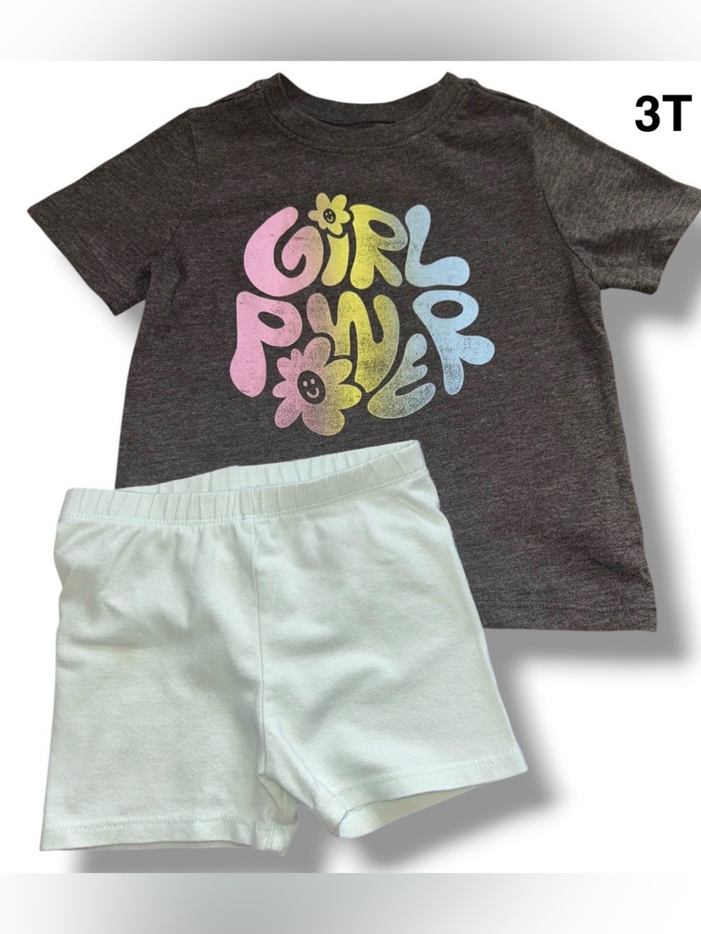Old Navy Charcoal 'Girl Power' Tee and Cat & Jack Bike Shorts Outfit size 3T